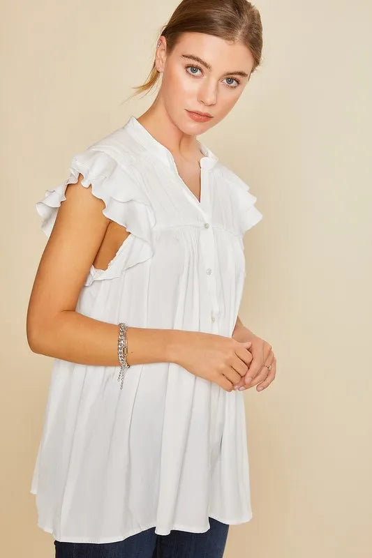 Annie Wear Ruffle Sleeve Shirred Flowy Woven Tunic Shirts | Daverri Fashions