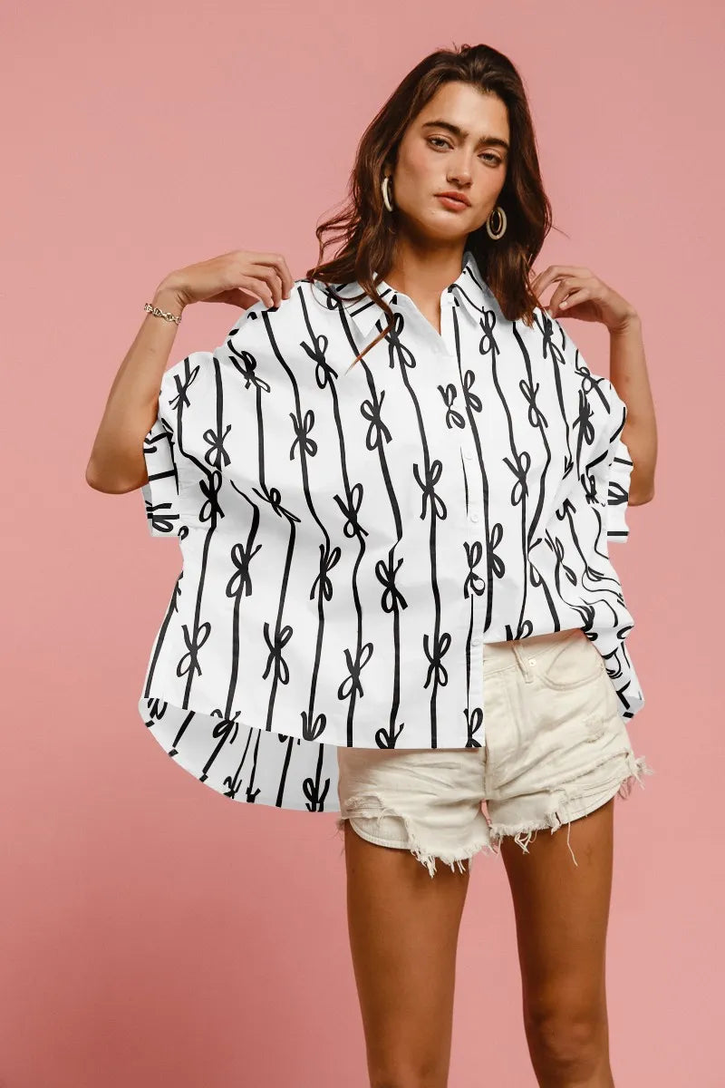 OFF WHITE BLACK BiBi Bow Ribbon Woven Printed Button Down Shirt | Shirts Daverri Fashions