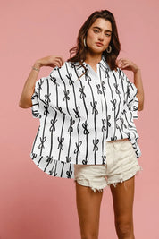OFF WHITE BLACK BiBi Bow Ribbon Woven Printed Button Down Shirt | Shirts Daverri Fashions