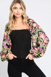 Black ODDI Full Size Floral Balloon Sleeve Blouse | Daverri Fashions