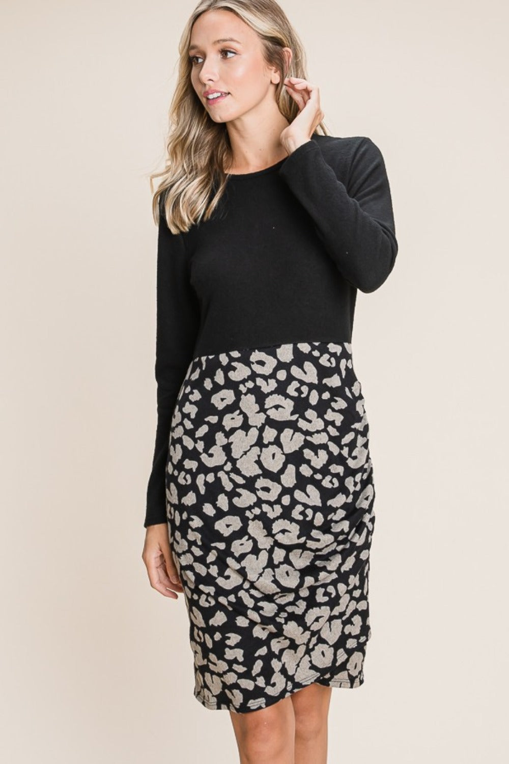 BOMBOM Leopard Color Block Knit Dress | Daverri Fashions