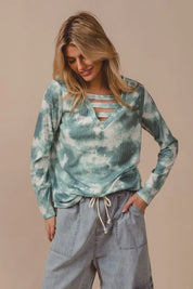 DUSTY SAGE MULTI BiBi Variegated Tie Dye Rib V-Neck Top with Strapped | Tops Daverri Fashions