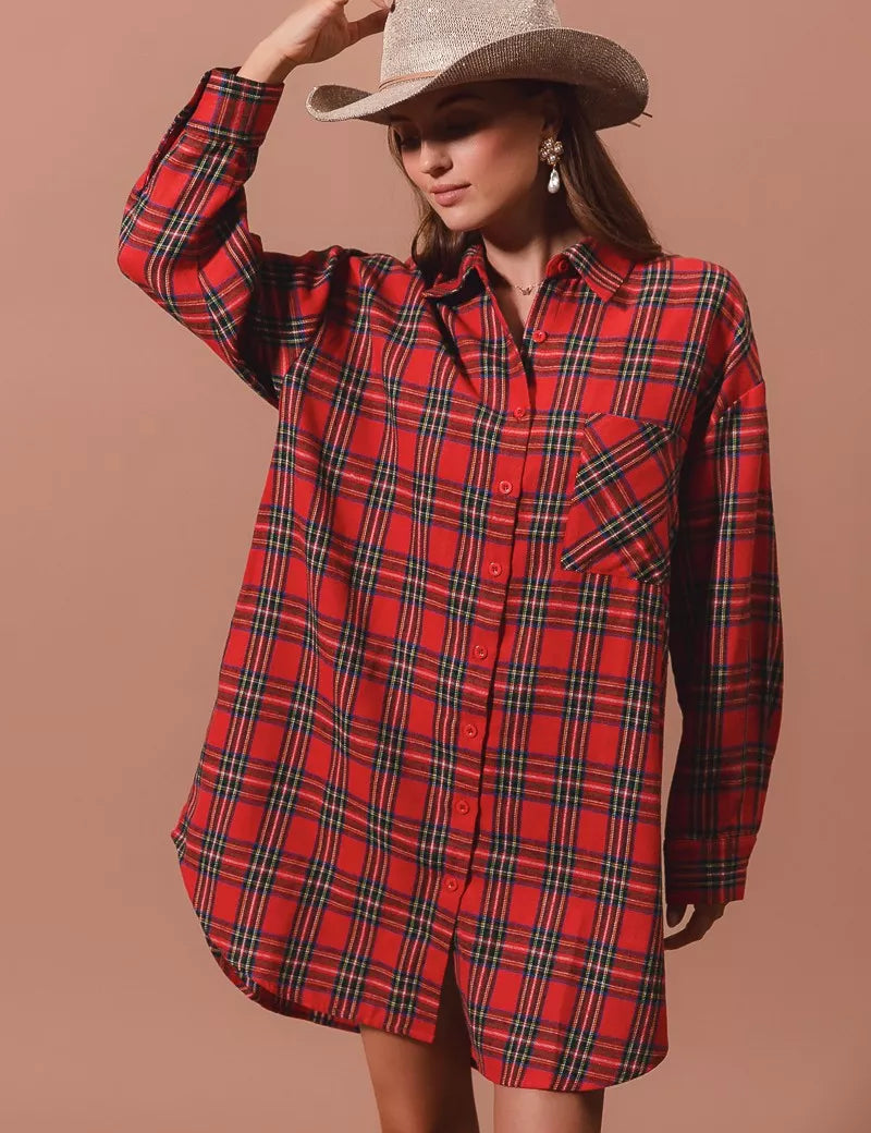 RED MULTI SO ME Christmas Checker Plaid Button Up Shirt Dress | Shirt Dresses Daverri Fashions