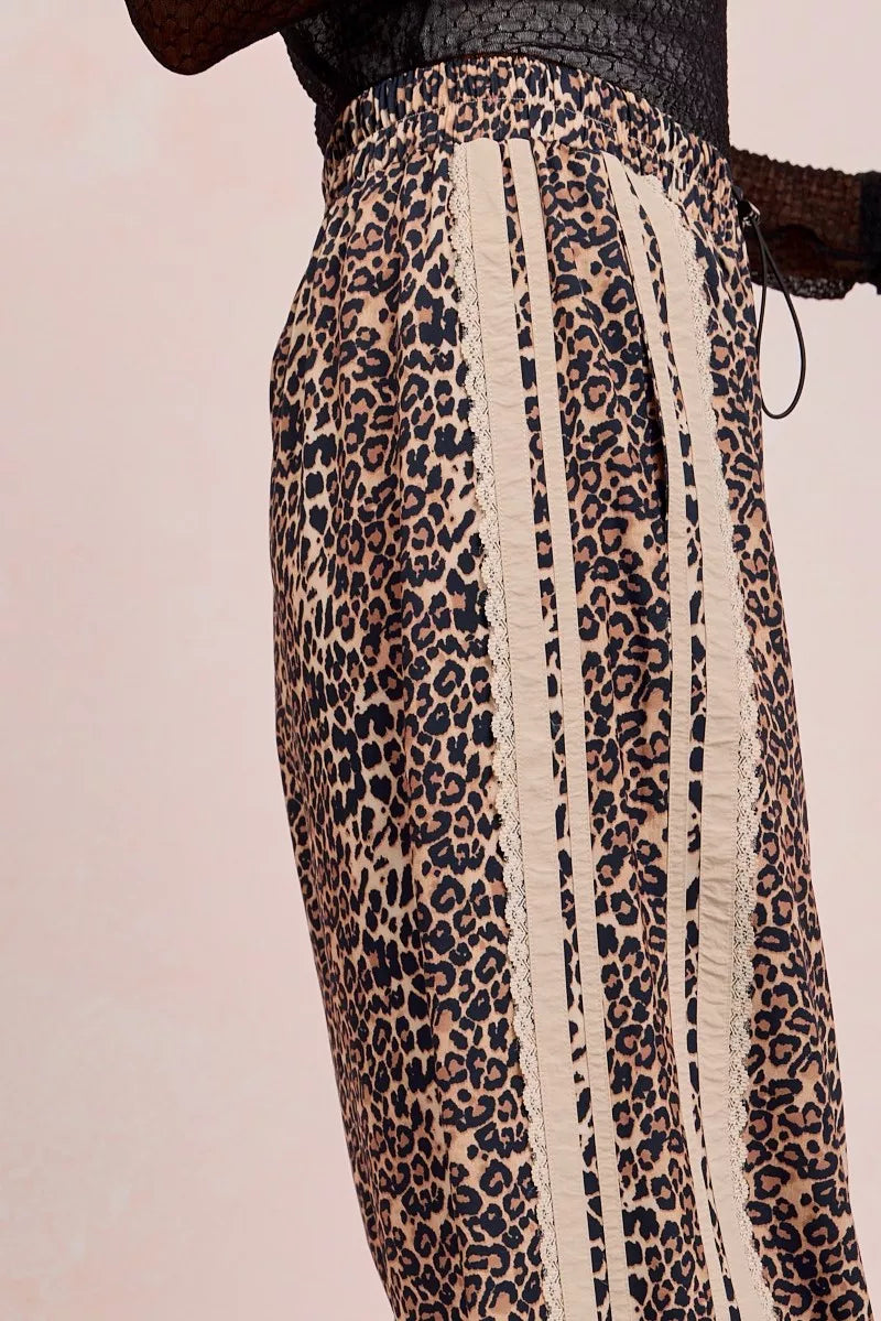 BiBi Leopard Printed Track Pants with Side Contrast Lace | Loungewear Bottoms Daverri Fashions