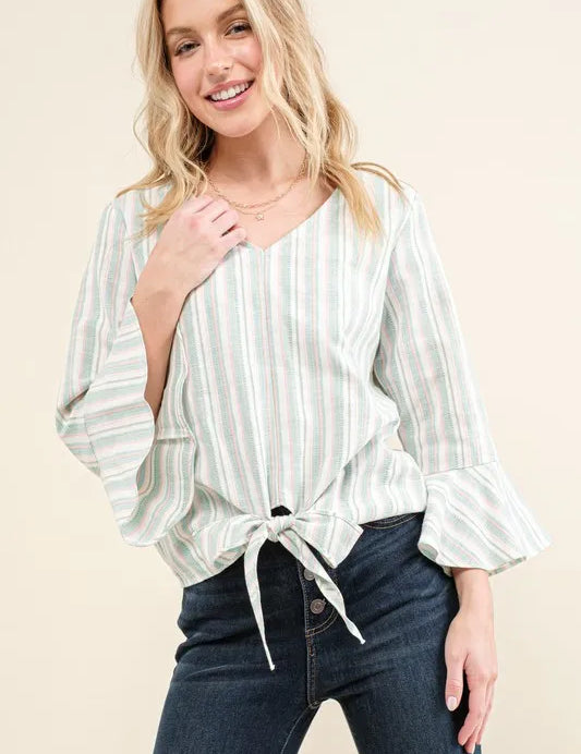 And The Why Stripe Tie Knot Front Bell Sleeve Top | Blouses Daverri Fashions