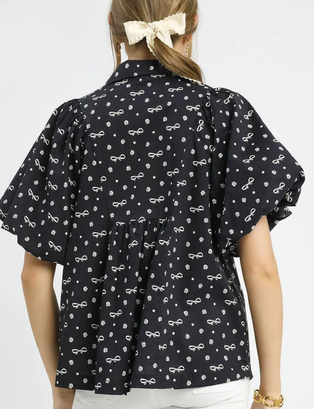 Umgee Bow Print Puff Sleeve Blouse | Daverri Fashions
