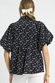 Umgee Bow Print Puff Sleeve Blouse | Daverri Fashions