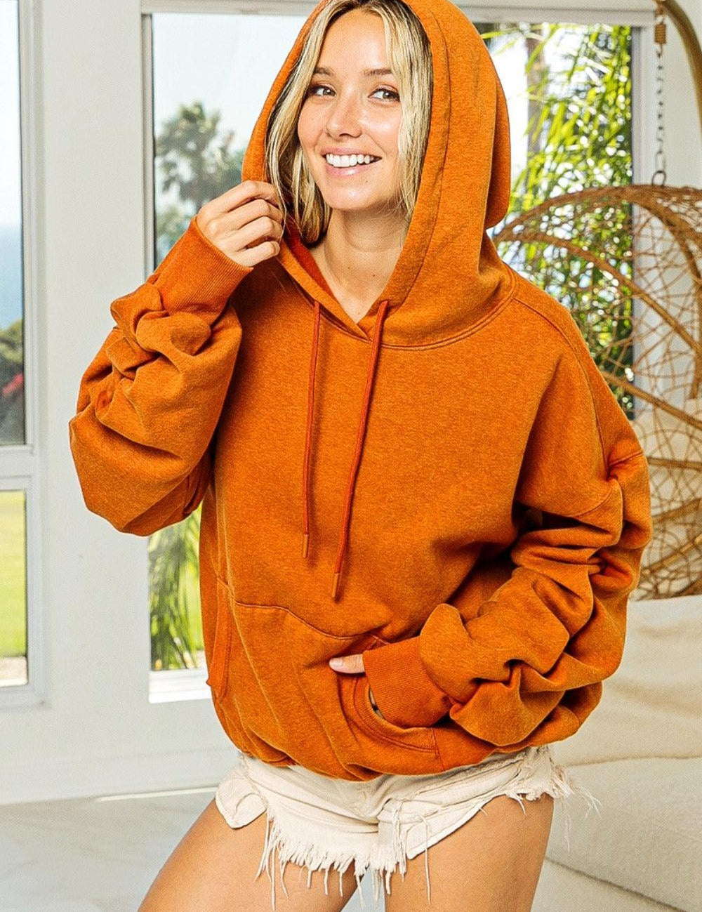 Vintage Rust S BiBi Ruched Long Sleeve Washed Fleece Hoodie Rust | Hoodies Daverri Fashions