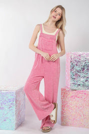 Hot Pink S VERY J Texture Washed Wide Leg Overalls | Overalls Daverri Fashions