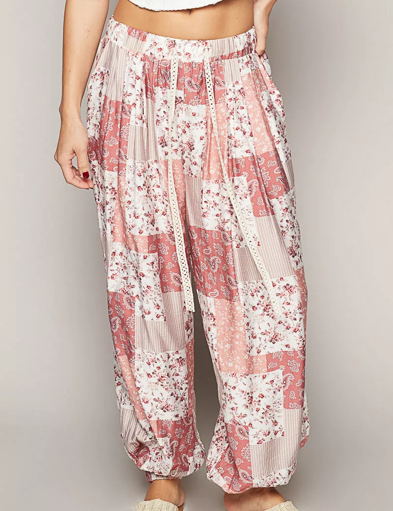 ROSE MULTI POL Drawstring Floral Patchwork Wide leg Pants | Pants Daverri Fashions