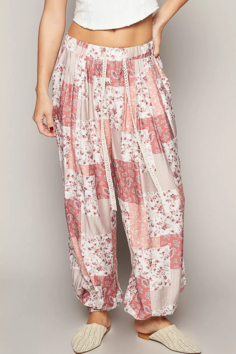 ROSE MULTI POL Drawstring Floral Patchwork Wide leg Pants | Pants Daverri Fashions