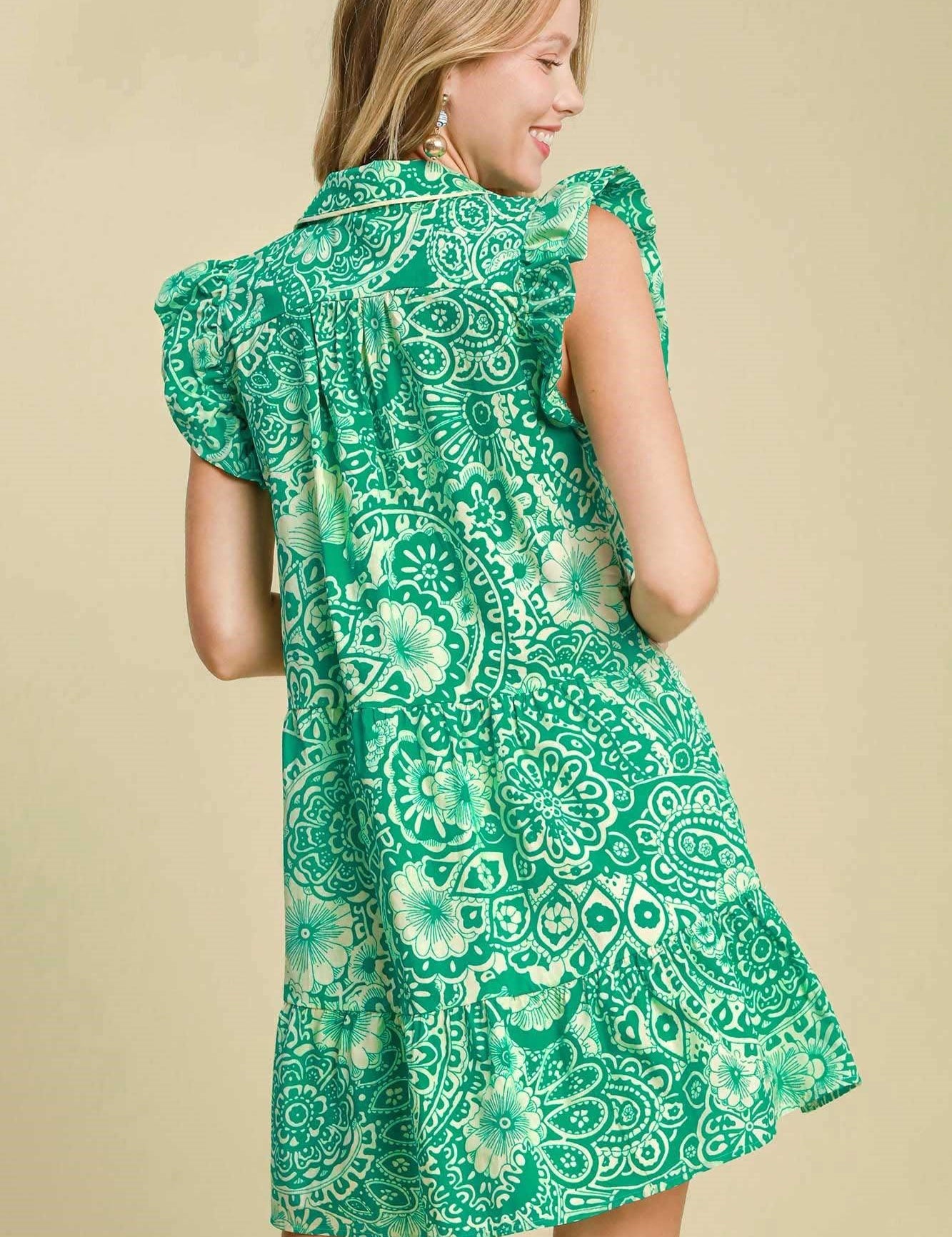 Umgee Full Size Printed Ruffle Cap Sleeve Babydoll Dress Plus Size | Babydoll Dresses Daverri Fashions