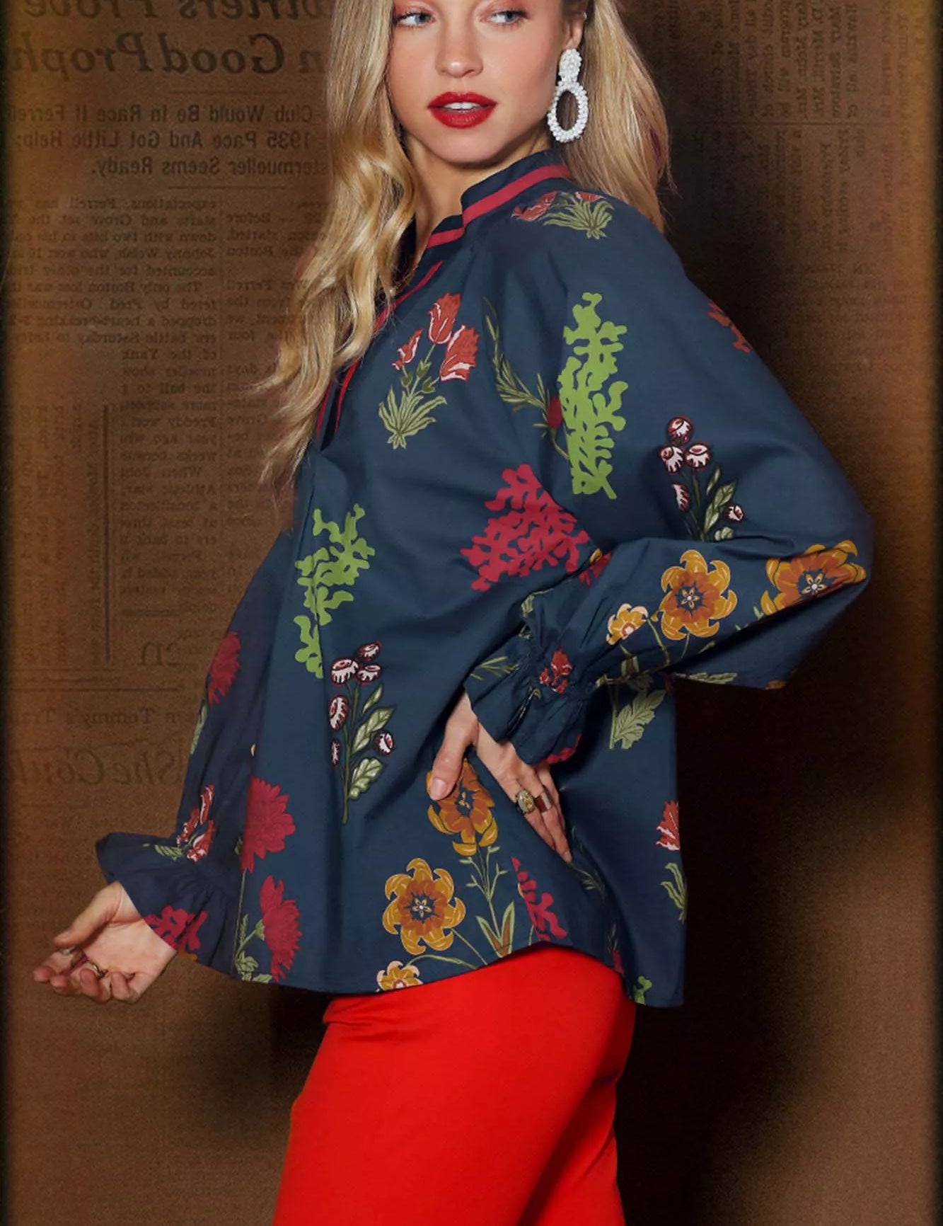 Umgee Floral Print Flounce Sleeve Blouse | Blouses Daverri Fashions
