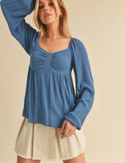 Aemi + Co Ruched Sweetheart Neck Balloon Sleeve Blouse Blue | Blouses Daverri Fashions