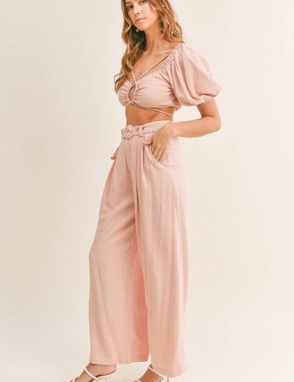 Dusty Pink L MABLE Cut Out Drawstring Crop Top and Belted Pants Set L | Outfit Sets Daverri Fashions
