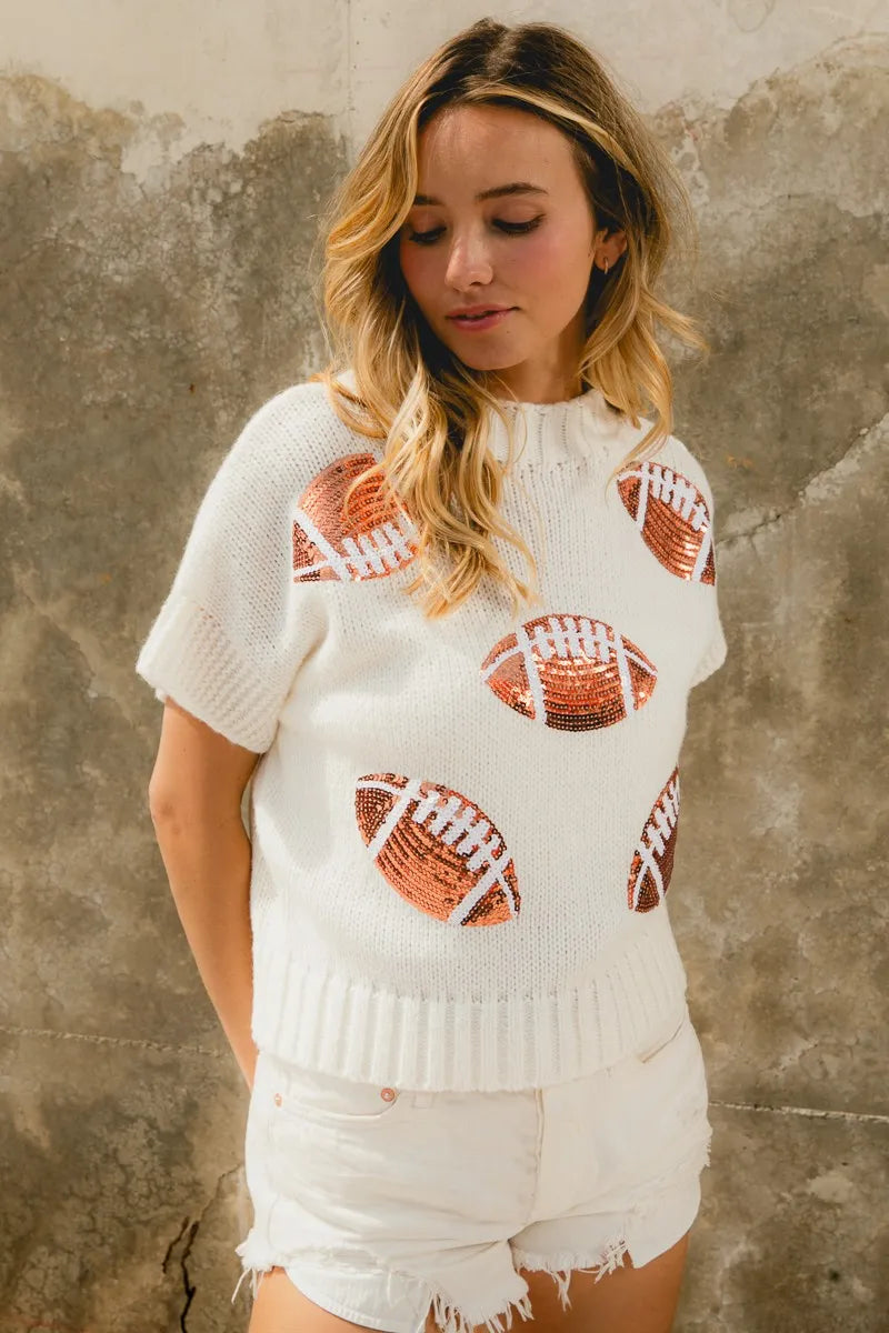 BiBi Gameday Sequin Football Patches Rib Banded Sweater | Sweaters Daverri Fashions