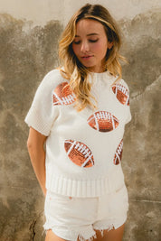 BiBi Gameday Sequin Football Patches Rib Banded Sweater | Sweaters Daverri Fashions