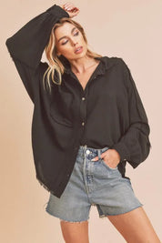 Black Aemi + Co Raw Edge Exposed Seam Collared Neck Long Sleeve Shirt | Daverri Fashions