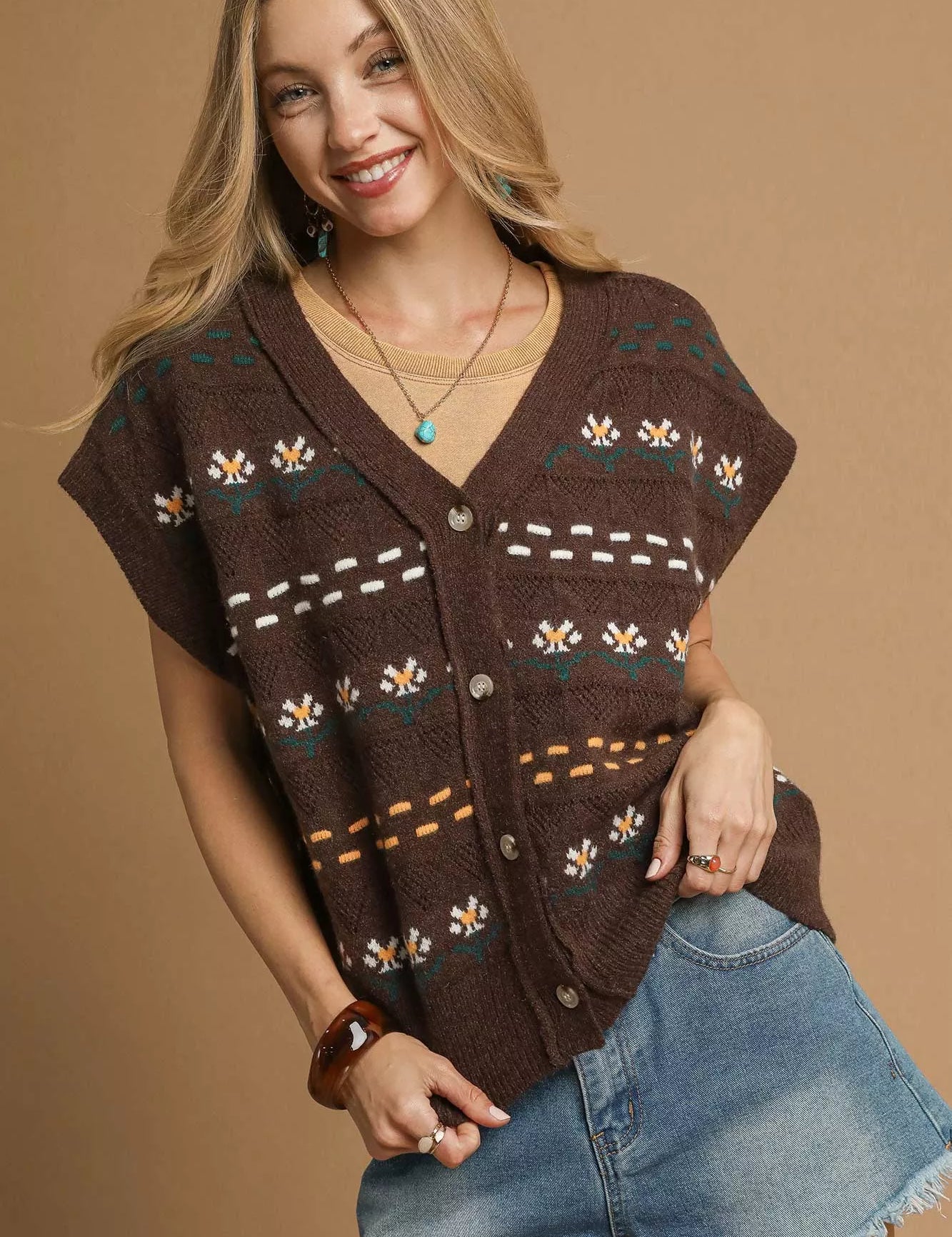 BROWN Umgee Button-Down Knit Vest with Floral Pattern | Sweaters Daverri Fashions