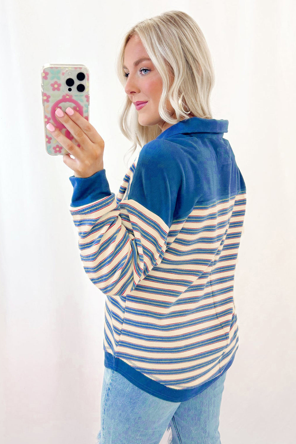 Striped Buttoned V Neck Collared Drop Shoulder Top | Tops/Long Sleeve Tops Daverri Fashions