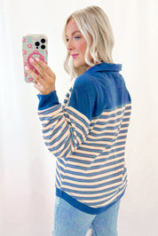 Striped Buttoned V Neck Collared Drop Shoulder Top | Tops/Long Sleeve Tops Daverri Fashions