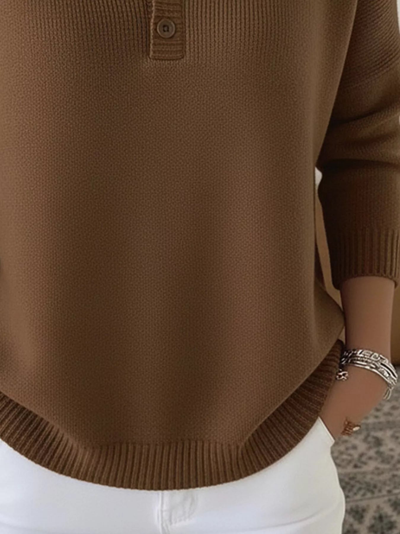 Full Size Half Button Long Sleeve Knit Top Plus Size | Knit Tops Daverri Fashions