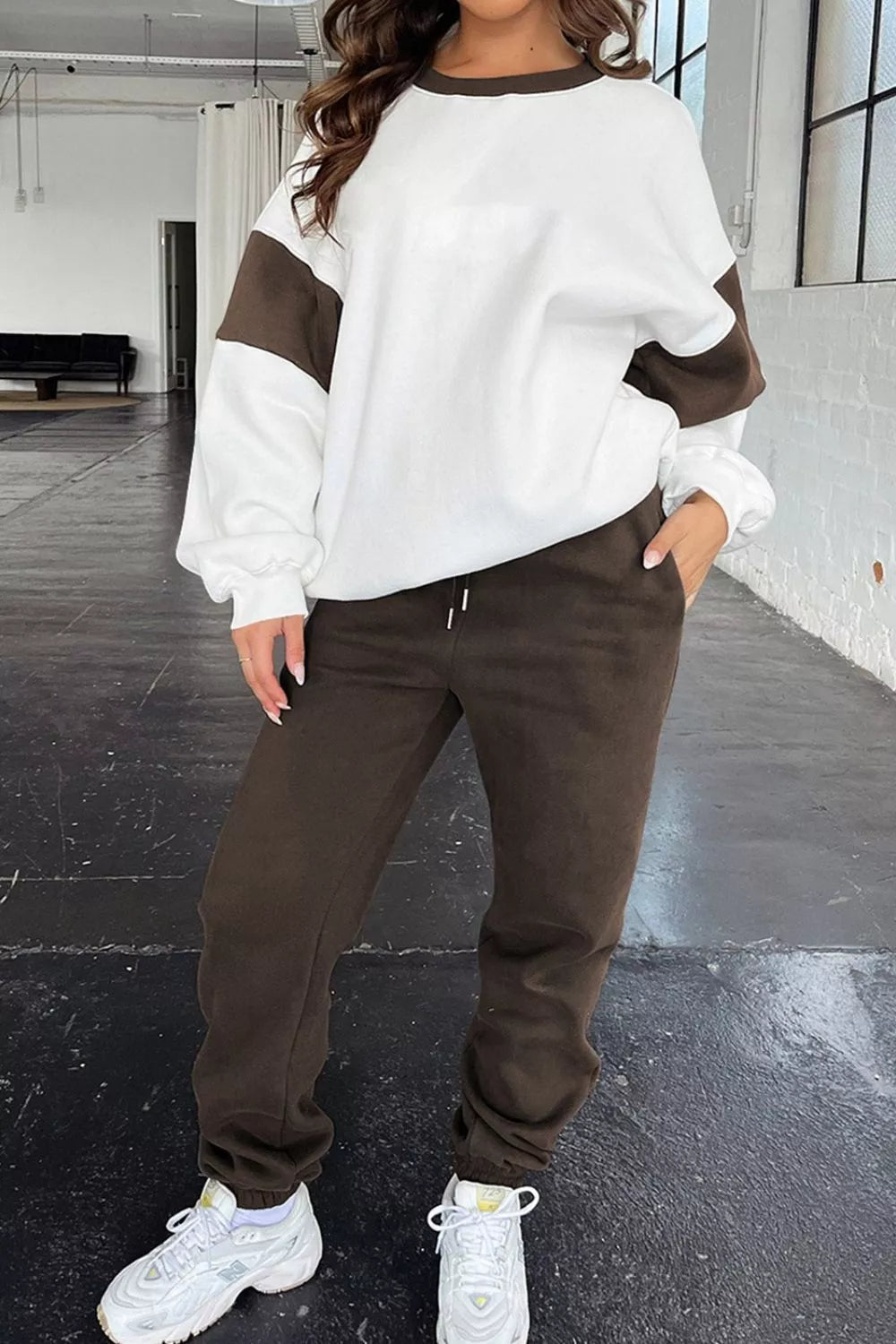 Chocolate Drop Shoulder Loose Sweatshirt and Joggers Active Set | Loungewear sets Daverri Fashions