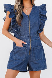 Denim Ruffled Zipped Front Belted Romper | Rompers Daverri Fashions