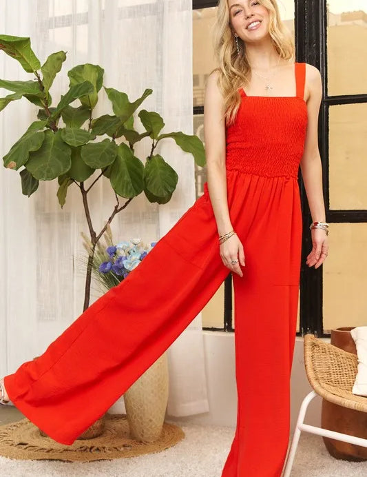 RED CORAL ADORA Full Size Smocking Top Wide Leg Jumpsuit Plus Size | Jumpsuits Daverri Fashions