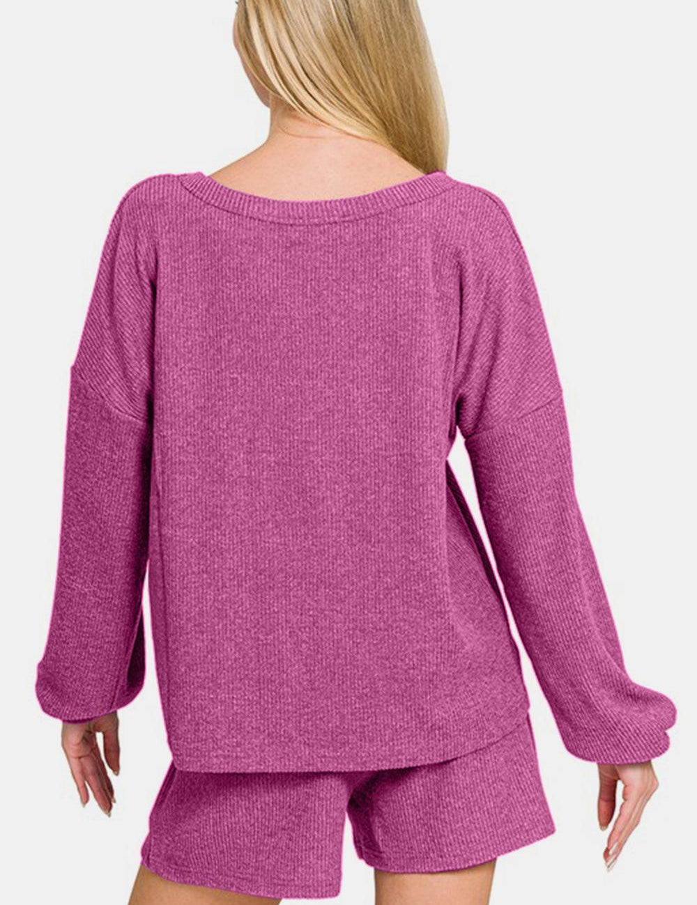 Zenana V-Neck Long Sleeve Ribbed Top and Shorts Set | Outfit Sets Daverri Fashions