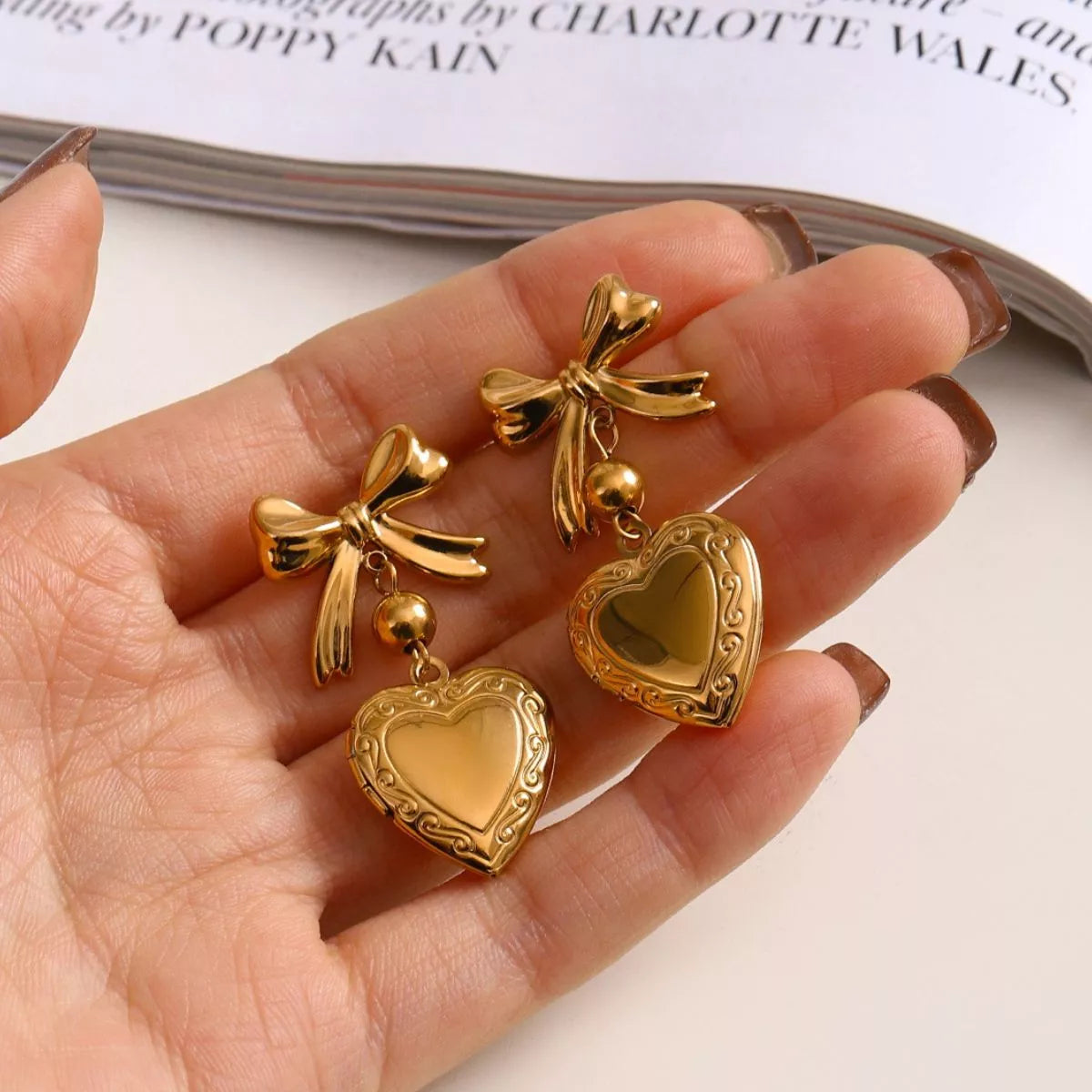 18K Gold-Plated Bow Heart Drop Locket Earrings | Earrings Daverri Fashions