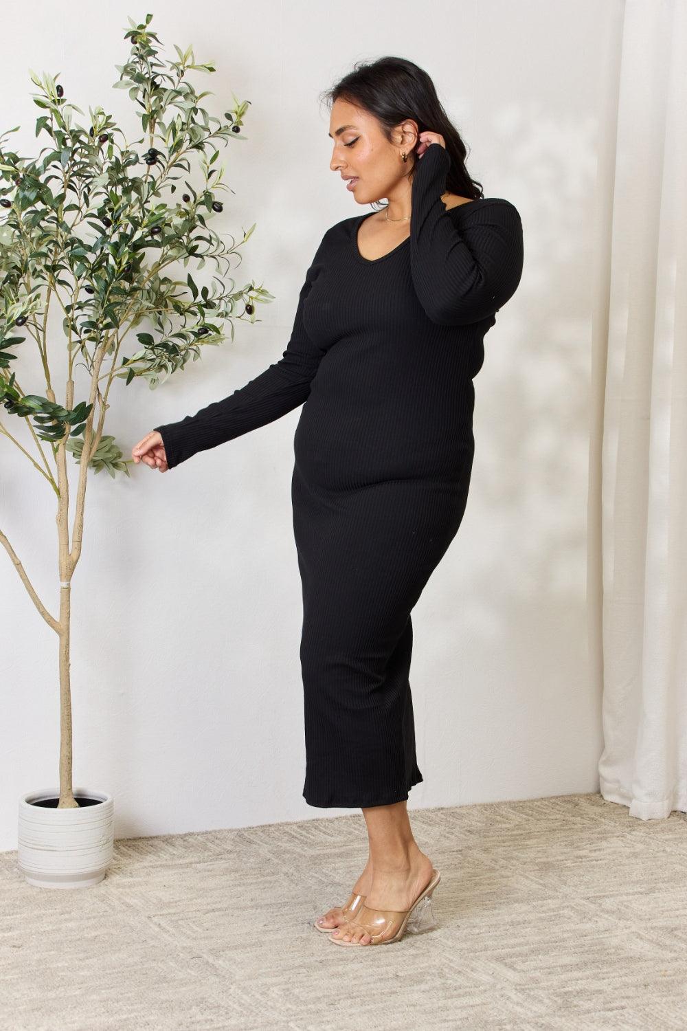 Culture Code Ribbed Long Sleeve Midi Slit Dress | Midi Dresses Daverri Fashions