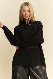 Davi & Dani Crinkled Jacquard Button Down Shirt | Tops Daverri Fashions