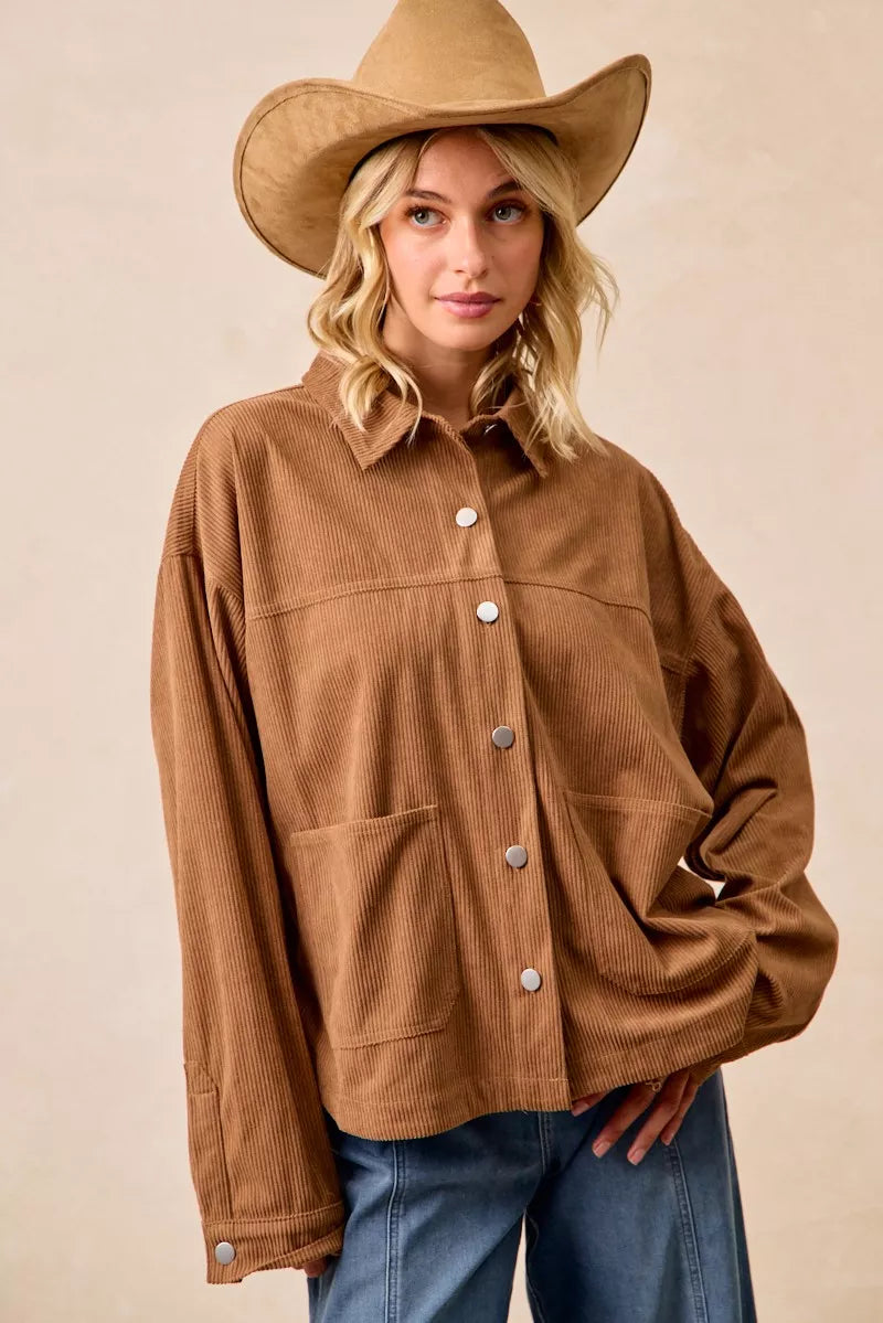 BiBi Corduroy Relaxed Fit Shacket with Back Pleat | Shackets Daverri Fashions