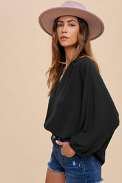 Black Annie Wear Notched Batwing Sleeve Blouse | Blouses Daverri Fashions