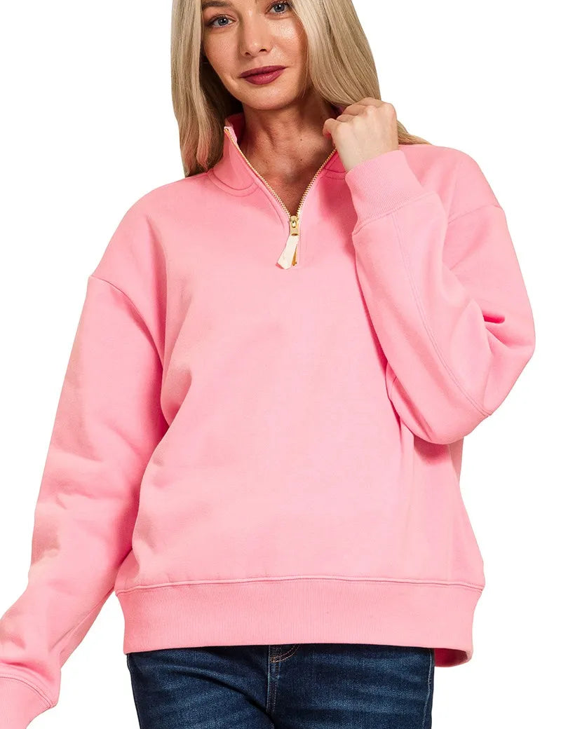 Zenana Fleece Half Zip Sweatshirt Dark Pink | Sweatshirts Daverri Fashions