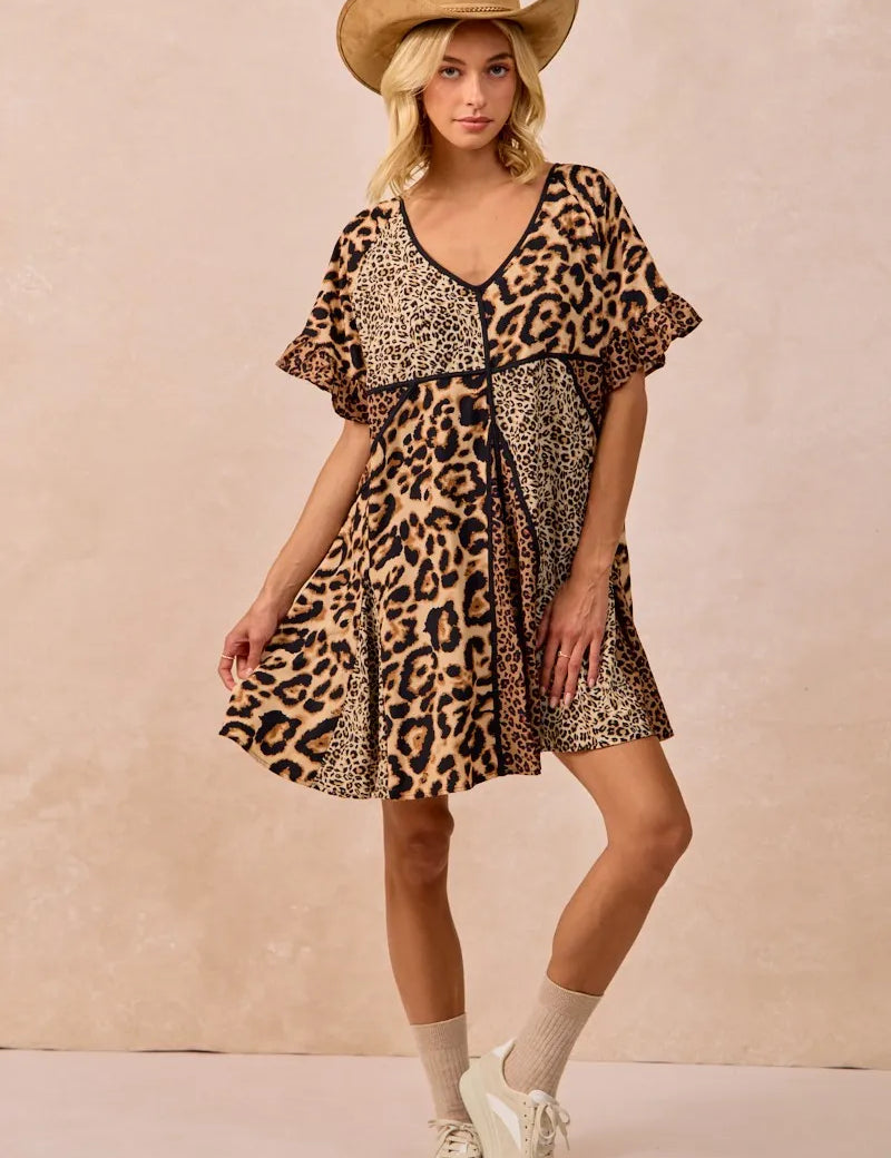 LEOPARD MIX BiBi Leopard Prints Mix and Match Short Sleeves Dress | Mini Dresses Daverri Fashions