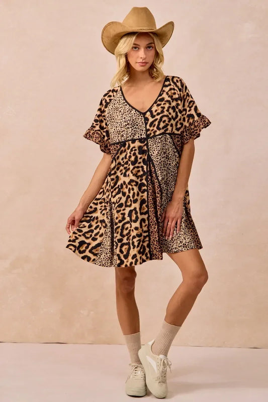 BiBi Leopard Prints Mix and Match Short Sleeves Dress - DAVERRI FASHIONS