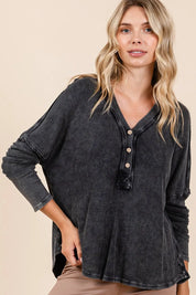 Charcoal Mittoshop Washed V-Neck Long Sleeve Blouse | Daverri Fashions