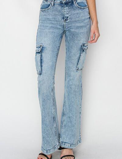 Acid Medium RISEN Full Size High Rise Cargo Flare Jeans | Jeans Daverri Fashions