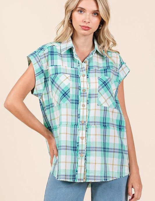 Turquoise Mittoshop Mineral Wash Plaid Button Down Shirt | Shirts Daverri Fashions