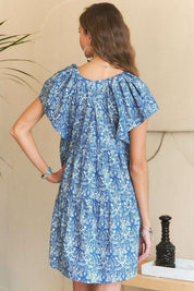 ADORA Printed V-Neck Ruffle Sleeve Mini Dress | Mini Dresses Daverri Fashions