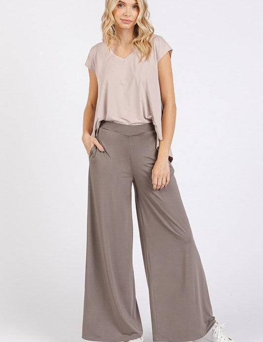 Smokey Taupe Mittoshop Yoga Air Stretch Elastic Waist Wide Leg Pants | Pants Daverri Fashions