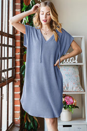 Denim Vintage Heimish Full Size Ribbed Short Sleeve Hooded Dress | Daverri Fashions