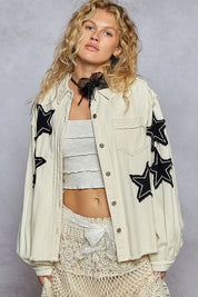 POL Star Patch Raw Hem Button Up Denim Jacket | Denim Jackets Daverri Fashions