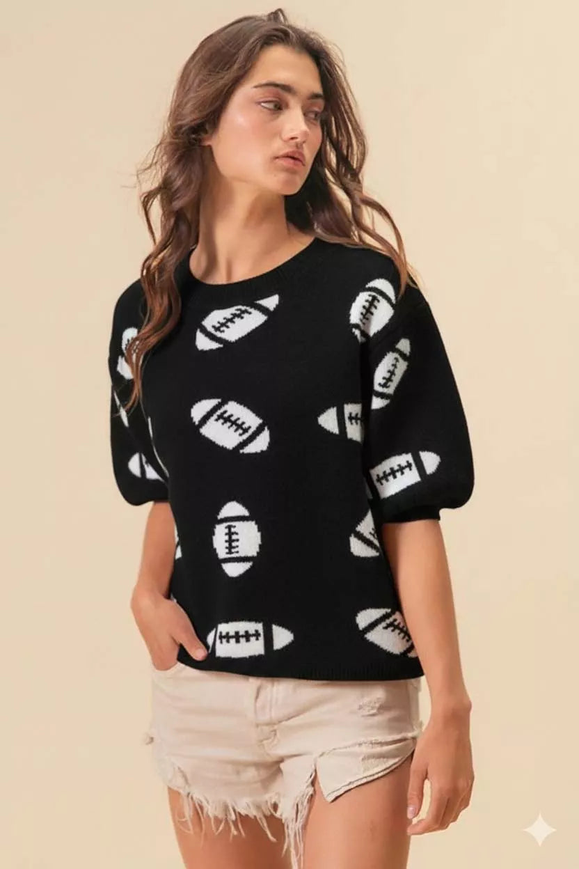 BLACK IVORY BiBi Football Pattern Short Sleeve Sweater | Daverri Fashions