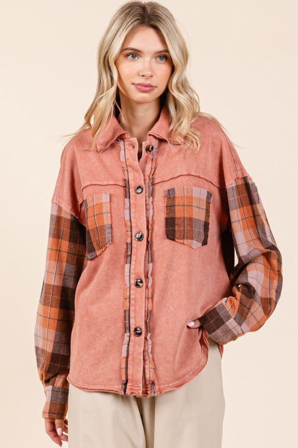 Mittoshop Button Down Contrast Plaid Patchwork Shacket | Daverri Fashions