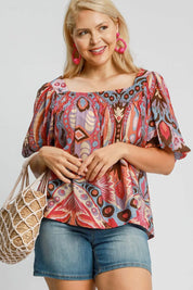 Umgee Full Size Abstract Print Smocked Square Neck Puff Sleeve Blouse | Blouses Daverri Fashions