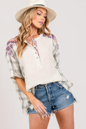 SAGE + FIG Plaid Half Button Gauze Top | Tops Daverri Fashions