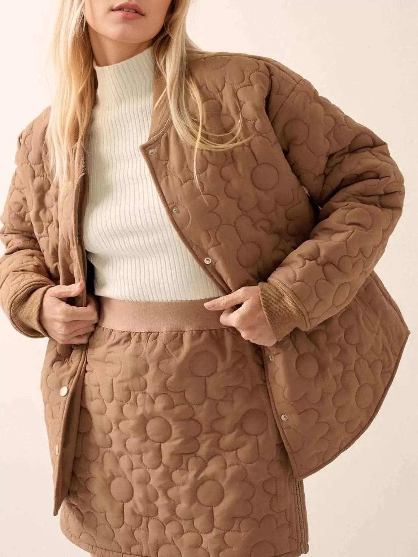 Brown Textured Snap Down Jacket | Jackets Daverri Fashions